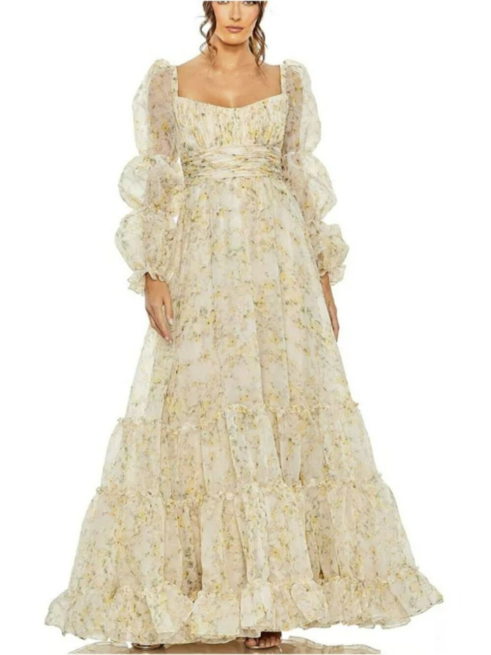 Mac Duggal Floral Yellow Maxi Tiered Dress Formal Gown Size 8 NWT